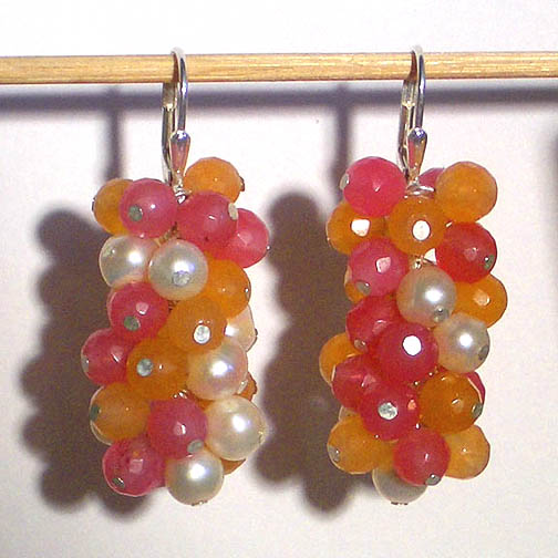Pink & Tangerine Jade & Pearl Cluster Earrings